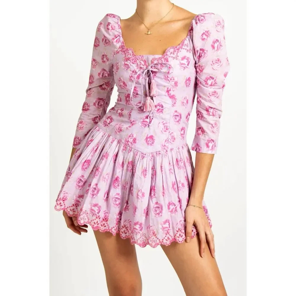 LoveShackFancy Deeba 8 Mini Dress Pink Lilac Fusion Pink Purple Lace Up - Picture 9 of 15